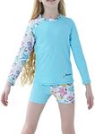 Ovovod Girls Swimsuit Two Piece Rash Guard Set for 4-14 Years UPF 50+ UV Protective Long Sleeve Swimwear, Light Blue/Fish, 7-8 Years