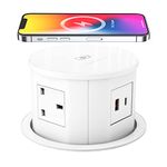 Automatic Pop up Power Socket with 15W Wireless Charger,Pop up Plug Extension Socket with PD 20W Type C Port,4 Way Outlets Tower Extension Lead,4.7'' Hole Pop Up Outlet for Kitchen Worktops