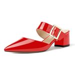 MODENCOCO Women's Adjustable Strap Buckle Patent Solid Pointed Toe Chunky Low Heel Mules Evening Dress Pumps Shoes 2 Inch, Red, 11