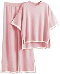 Tanming Sweater Sets Women 2 Piece Lounge Sets Short Sleeve Knit Pullover Tops Wide Leg Pants (Pink-S)