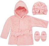 Rising Star Baby Robe Girl, Pink Baby Bathrobe Towel, Slippers & Cap - Bath Robe Spa Set - 1 Year Birthday Gift for Girls