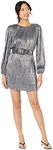 BCBGMAXAZRIA Women's Fitted Short Evening Dress Long Sleeve Round Neck Pleated Detachable Belt, Gunmetal, Small