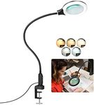 TOMSOO 26" Gooseneck Magnifying Lamp with Clamp, 5 Color Modes Stepless Dimmable LED Desk Light with Magnifying Glass, 5X Real Glass Lighted Magnifier Hands Free for Painting Close Work Craft Hobby