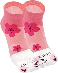 ZFSOCK Donna Tabi Giapponesi Calzini con Alluce Separato, Cotone Calze Flip Flop Infradito Geta, Calze con 2 Dita Calzini alla caviglia con motivo Sakura Gatto fortunato 1 Paio 35-41