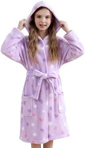 V.&GRIN Girls Robe, Kids Fleece Hooded Soft Plush Fuzzy Bathrobe for 3-14 Years（Lilac Heart 13-14）