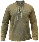 Gheri Mens Hemp Cotton Lace Up V Neck Grandad Shirt Stone Washed Green X-Large