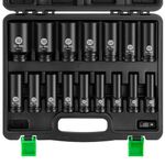 Ginour Impact Socket Set 1/2 Inch, 17PCs Drive Master Deep Impact Socket Set 10mm - 32mm, Metric, Cr-Mo, 6 Point, with 3/8'' to 1/2'' Adapter