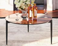 Artloge Round Tempered Glass Table: 31.5 inch Large Circle Top Storage Shelf with Metal Frame, Modern Coffee Table Center Desk Luxury Furniture for Living Room, Brown