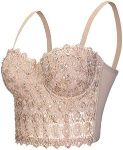 Chenyi Women's Lace Rhinestone Bustier Corset Wedding Party Crop Top Bra Vest (L, Beige)