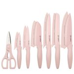 KATISUN Kitchen Knife Set with Guards, 13 Piece Pink Non-Stick Coated Stainless Steel Boxed Knives Set, Anti-Rust and Dishwasher Safe, 6 Knives with 6 Blade Covers and Kitchen Shears