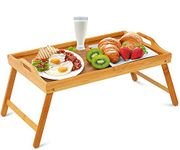 Mantraraj Wooden Bamboo Food Serving TV Tray with Handles Portble and Folding Legs Dinner Breakfast Lap Table Mat for Sofa and Bed - 50x30cm