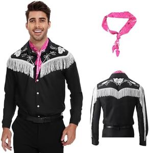 KDFJIEelf Ken Costume for Men, Ken 80s 90s Cowboy Costume, Western Long Sleeve Fringe Shirt with Scarf, for Halloween Cosplay (Large), Black