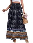 Zeagoo Women's 2024 Boho Floral Skirt Elastic High Waist Tie Maxi Skirts Flowy A Line Bohemian Long Skirt with Side Pockets, Black, Small