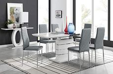 Furniturebox UK Renato Modern White Grey High Gloss Chrome Large Extending Dining Table and 6 8 Stylish Contemporary Milan Dining Kitchen Chairs Set (Table + 6 Grey Milan, Table + 6 Dining Chairs)