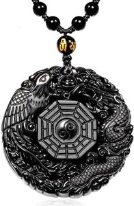 c1lint7785631 Pure Natural Obsidian Pendant Necklace Obsidian Crystal Pendant Necklace Pattern with Extend Bead Chain for Men or Women, Obsidian, Obsidian, Dragon Phoenix Gossip A