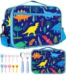 Kids Lunch Bag Box for School - Insulated Lunchbox with Adjustable Strap for Girls Boys Children,Waterproof Lunch Box Travel Picnic 5.3L with Spoon Fork Food Picks for 4-14 Years Old（Blue Dinosaur）