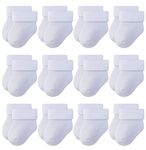 RATIVE Newborn Thick Terry Turn Cuff Socks for Baby Boy and Girl (0-3 months, 12-pairs/white)