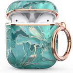 wenew Protective Case Cover for Apple Airpods 2 AirPods 1, Cute Patterns Shockproof Hard Case with Portable Keychain for Women Girls kids Men (Gold Cyan Lily)