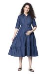 Nightspree Women's Calf Length Cotton Denim Mandarin Collared Maternity Dress Feeding Kurti with Zipper (1440-Dark Blue_2XL)