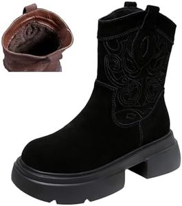 AngryMonkey Women's Suede Lug Sole Platform Boots,Vintage Fall/Winter Comfy Pull On Waterproof Short Ankle Western Cowgirl Booties (7,Black Velvet)