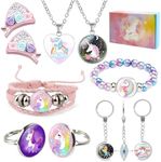 ZCOINS 9 Pieces Girls Unicorn Jewelry Sets, Kids Necklace Bracelet Ring Keychain Hairbow, Kids Play Dress Up Accessories