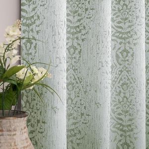 Sage Green Curtains 84 Inches Long for Living Room Light Filtering Distressed Damask Pattern Room Darkening Window Curtain Drapes for Bedroom,Set of 2 Panels,Light Green and Greyish Cream 84 in Length
