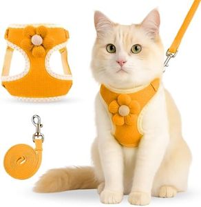 Yuppy Puppy Cat Harness with Leash - Adjustable Floral Vest Belt for Persian Cats & Small Pets - Soft Padded Escape Proof Cat Neck Belt for Outdoor Walks (Orange, Medium (A:39-66cm, B:32-60cm))