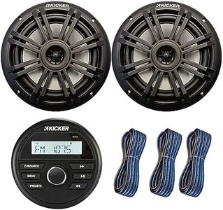 Kicker All-Weather Marine Gauge Style Bluetooth USB Stereo Receiver with 6.5" 150 Watt Max Power 2-Way Black Marine Audio Speakers (Pair), 3X 20-Feet 16-Gauge Speaker Wire