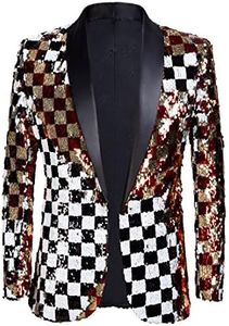 PYJTRL Mens Fashion Double-Side Color Red Gold Black White Plaid Sequins Blazer Suit Jacket (Color, 36)