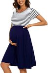 WOOXIO Women's Short Sleeve Maternity Dress Patchwork Pregnancy Clothes with Pockets, White Navy Stripe-Navy, X-Large