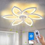 Flower Ceiling Fans with Lights and Remote, 30 Inch Modern Low Profile Flush Mount Ceiling Fan, Dimmable LED Ceiling Light Fixture, Small Ceiling Fans for Bedroom, Kitchen, Indoor-White