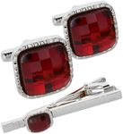 Vittorio Vico Men's Colored Crystal Cufflink & Tie Bar Set in Gift Box (Red/Silver, CS-055-S)