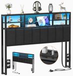 Furnulem Full Headbord with Storage Bookcase,Upholstered Backrest Head Board Only with 3-Tier Shelf,RGB LED Light,2 Outlets & 2 USB Charging Ports, Adjustable Height Black Full Headborads Sturdy Frame