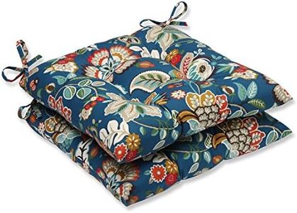 Pillow Perfect Floral Indoor/Outdoor Chair Seat Cushion with Ties, Tufted, Weather, and Fade Resistant, 18.5" x 19", Blue/Tan Telfair, 2 Count