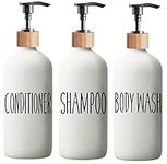 Shampoo and Conditioner Dispenser Set - Easy to Read Labels - Pump Bottle Dispenser for Shampoo, Conditioner, Body Wash - Glass Refillable Containers for Shower (White-Shower Set fo 3)