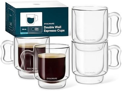 ovalware RJ3 Espresso Coffee Glass Cups 4oz/120ml (Set of 4) Double Walled w/Solid Butterfly Handle - Elegant Borosilicate Espresso Shot Mug - Stackable Insulated Transparent Demitasse Glass