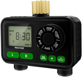 RESTMO Sprinkler Timer for Outdoor Hose Faucet 2 Zone, Up to 11h59m Programmable Watering Timer for Soaker Hose, Misting with Brass Inlet & Large Dial, Rain Delay/Manual/Automatic Irrigation System