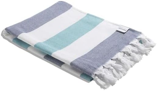 InfuseZen Terry Cloth Lined Turkish Bath & Beach Towel – Striped Design - 100% Organic Turkish Cotton - Soft, Lightweight, Absorbent Peshtemal - Quick Dry for Beach, Bath, Throw, Travel - Navy/Aqua