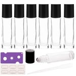 6Pcs 10ml Essential Oil Roller Bottles, with Stainless Steel Roller Balls, 10ml Clear Glass Roll on Bottles for Essential Oils, 1 Extra Roller Ball, 6 Labels, 1 Openers, 2 Droppers Included