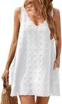 MAIABLEAU Womens Casual Summer Dresses Swiss Dot Beach Cover Up V Neck Tank Dress with Pockets White S