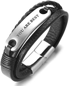 HALUKAKAH Bambini ● You Are Best ● Bracciale Ragazzo Maschio in Vera Pelle Cuoio Nero 6-12 Anni Titanio Acciaio Chiusura Magnetica in Argento 7"(18cm) con Pacco Regalo Gratuita