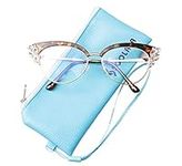 SOOLALA Ladies Reading Computer Glasses Rhinestones Blue Light Blocking Lens Eyeglasses Frame, Leopard, 1.75