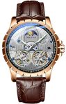 B BINGER Men's Skeleton Watches Automatic Ailang Watch with Dual Balance Wheels Wristwatch, Rose Gold White