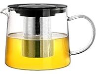 Tebery 1.5L Glass Teapot with Heat Resistant Stainless Steel Filter, Removable Infuser for Tea and Coffee, Plastic Lid