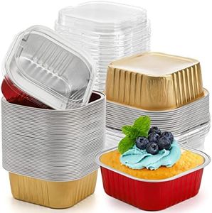 ZEAYEA 60 Pack 10 oz Aluminum Foil Baking Cups with Lids, Disposable Foil Ramekins Cupcake Containers, Cupcake Muffin Liners Cups for Wedding Christmas Birthday Party