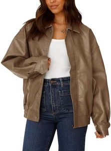 PRETTYGARDEN Women's Faux Leather Motorcycle Jacket Trendy Fall Spring Clothes Oversized Zip Up Winter Coat Outerwear (Khaki,Large)