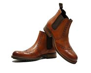 HX London Men formal And Semi Casual Slip-On Brogue Tan Chelsea Leather Boots, 8 Uk