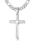 HAIAISO 925 Sterling Silver Cross Pendant Necklace for Men Women 5mm Stainless Steel Diamond-Cut Figaro Chain Crucifix Necklace 18K White Gold Plated Polished Cross Necklace 22 Inches