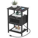 Black Nightstand with Charging Station End Table with USB Ports and Outlets Modern Bedside Table with Storage Drawer for Bedroom Living Room Farmhouse