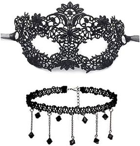 Masquerade Mask + Black Lace Choker Necklace for Women, Halloween Party Mardi Gras Mask Masquerade Costume Set